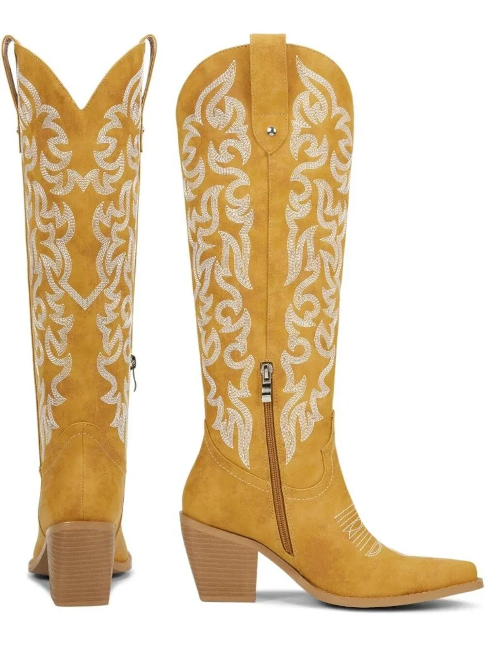 Women's Banana Knee High Cowboy Boots Chunky Heel Leather Chunky Heel Pull